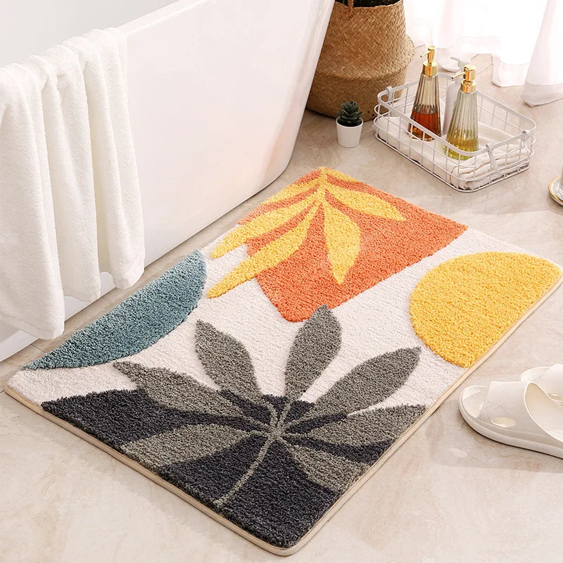 Non-Slip Water Absorbent Microfiber Bath Rug, Boho Leaves Pattern Fluffy Machine Washable Bathroom Door Mat