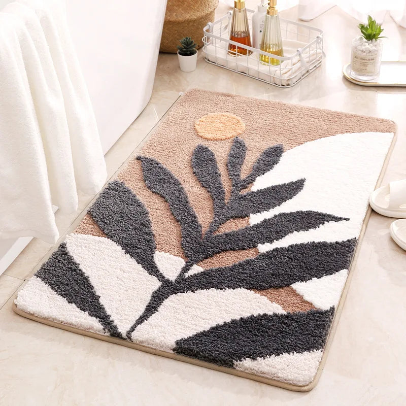 Non-Slip Water Absorbent Microfiber Bath Rug, Boho Leaves Pattern Fluffy Machine Washable Bathroom Door Mat