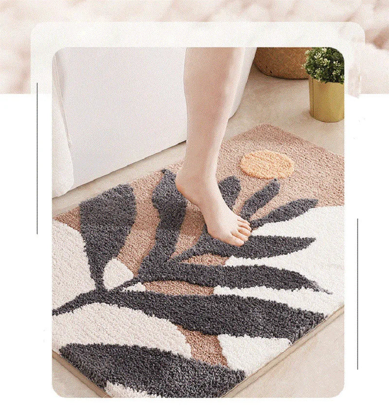 Non-Slip Water Absorbent Microfiber Bath Rug, Boho Leaves Pattern Fluffy Machine Washable Bathroom Door Mat